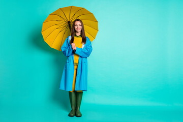 Full length photo of attractive lady good mood rainy weather walk street puddles hold big umbrella...