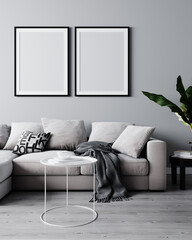 Stylish interior of bright living room with white sofa, plant and coffee table with decoration. Living room interior mockup. Modern design room with bright daylight. 3d rendering