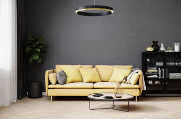 luxury dark living room interior background, black empty wall mock up, living room mock up, modern living room with yellow sofa and black lamp and table, scandinavian style, 3d rendering
