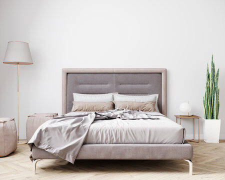 Stylish bedroom interior in light colors. 3d rendering