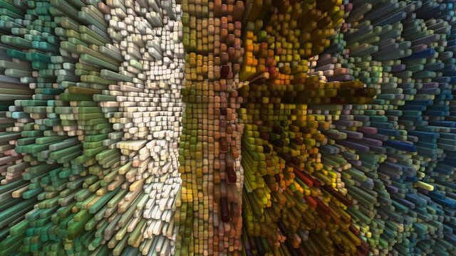 Flying over an abstract landscape of colorful animating 3D cubes, ideal as a background for an intro or presentation