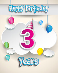 3rd Anniversary Celebration Design, with clouds and balloons, confetti. Vector template elements for birthday celebration party.