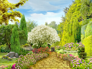 Path in the garden, a beautiful view with a fence and flowers
