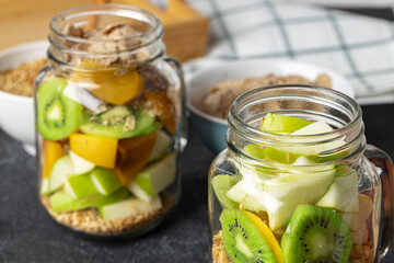 Healthy food: porridge with fruit on the table.