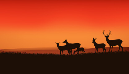 Fototapeta na wymiar herd of wild deer and baby fawn grazing at sunset meadow with dramatic orange sunset sky - wildlife vector scene background