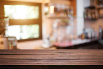 Empty desk space platform over blurred restaurant or coffee shop background for product display montage.