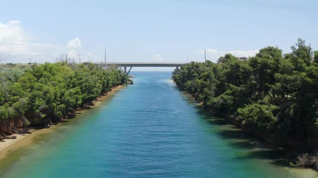 Drone footage of Nea Potidea canal, which connects Toroneos Bay with the Gulf of Thermaikos. Greece, Kassandra, Halkidiki