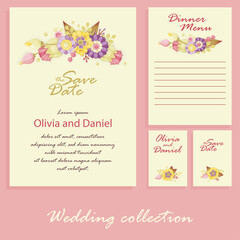 Delicate pastel flowers pink, yellow, purple. Templates can be used as floral frames for invitations, cards, stickers, discount cards, sales, for printing on paper and fabric.