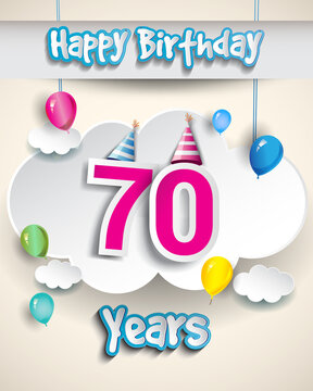 70th Anniversary Celebration Design, with clouds and balloons, confetti. Vector template elements for birthday celebration party.