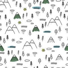 Mountains seamless pattern. Vector hand drawn doodle nature elements. River, pine, rain, cloud, sun. Nature concept. Wrapping paper design template. Black graphic on white background. - 357169217