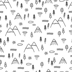 Mountains seamless pattern. Vector hand drawn doodle nature elements. River, pine, rain, cloud, sun. Nature concept. Wrapping paper design template. Black graphic on white background.