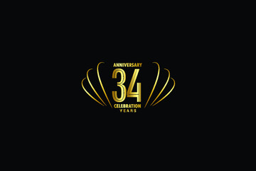 34 years anniversary celebration logotype. anniversary logo with golden and Spark light white color isolated on black background, vector design for celebration, invitation greeting card-Vector