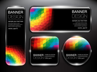 Glass web banners set of 4. Black transparent  glass web banners with low- poly style design. Isolated on the black background. Each item contains space for own text. Vector illustration. Eps10.