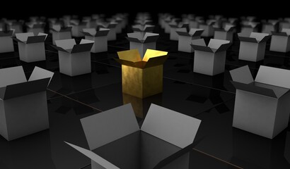 Golden Box opened isolated on floor with random boxes mystery box hidden box 3D render illustration 