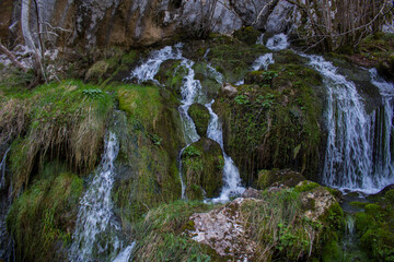 Rio y piedras entre las verdes montañas