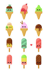 Vector set of cute kawaii ice creams. Summer desserts with different flavor: strawberry, cherry, chocolate, mint, fruit and vanilla. Cartoon characters on white background.