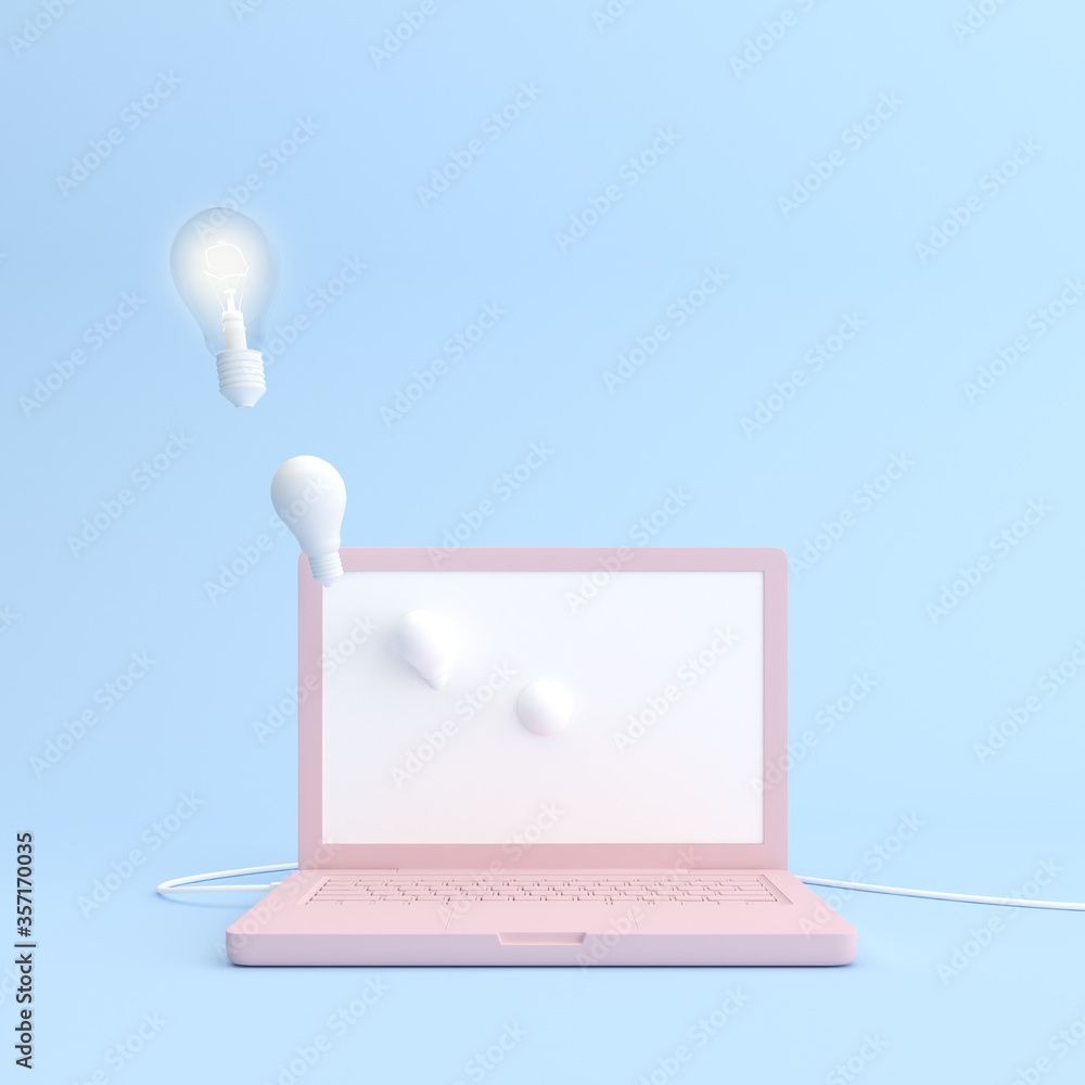 Poster Mockup of laptop with blank screen and light bulb in minimal style.