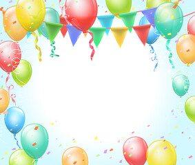 Illustration celebration card with balloons, confetti and hanging flags - vector