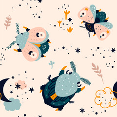 Seamless pattern with cute cartoon bug, moth, butterfly, stars and plants. Pattern in pastel colors. Creative texture for print, textile, wallpaper, apparel, fabric, wrapping paper, kids clothing