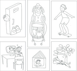 cartoon illustrations about quarantine exit, stay home, use mask, walk alone