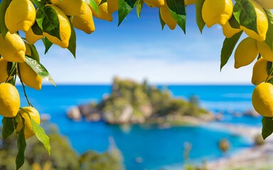 Bunches of fresh yellow ripe lemons with green leaves. Isola Bella located near Taormina, Sicily in blurred background.