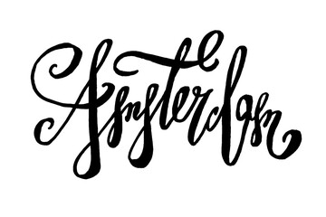 Amsterdam modern city hand written brush lettering. Ink calligraphy. T-shirt print, typography postcard, poster design. Vector illustration.