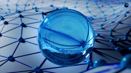 A Glass Sphere against Three-Dimensional Surface. Abstract Mesh Background as a Virtual Reality Concept. Modern Material Design in 3D render.