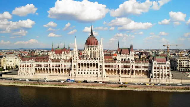 Drone Aerial View of Hungarian Parliament Building by Danube River, Budapest