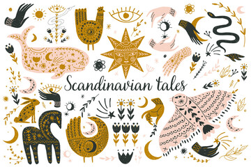 Modern bohemian style, folk tribal art in the Scandinavian style. Folk mythology, Swedish folklore. animals and plants. © chikovnaya