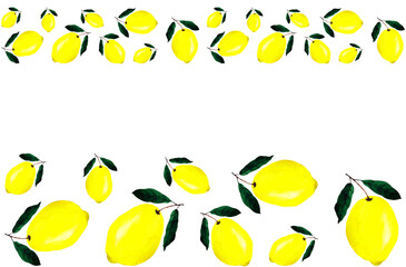 Seamless watercolor fruit border witn yellow lemons and green leaves