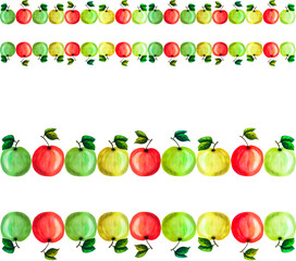 Handmade seamless watercolor fruit border witn yellow, green and red apples