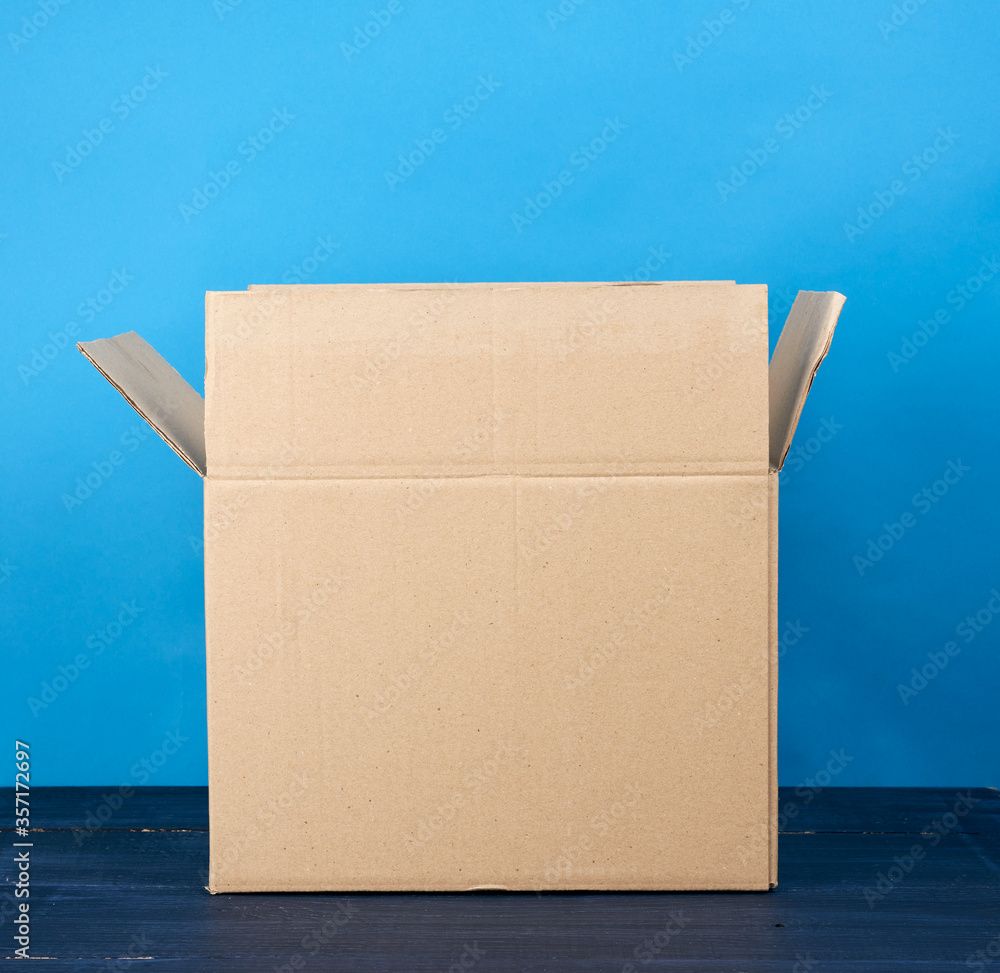 Poster open empty brown rectangular cardboard box for transporting goods
