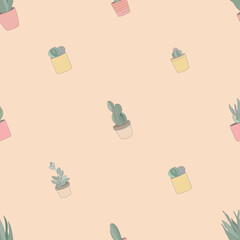 Vector seamless pattern of colorful succulents and cactus plants in a pottery garden. Illustration for design, greeting cards, gift paper, posters of indoor plants.