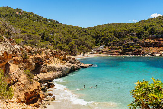 Cala Salada and Saladeta mediterranean idyllic beach in Ibiza, Spain