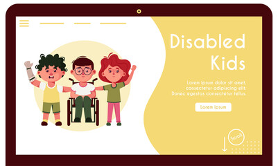 Vector banner illustration of disabled kids and friends