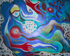 Dipinto bello acrilico donna sta sognando con la mascherina sugli occhi. Benda per dormire. Mondo dei sogni. Notte. Azzurro e rosso.