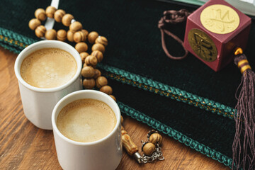 Oriental religious beads close up on a wooden table