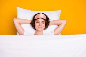 Top view above high angle flat lay flatlay lie concept close-up portrait of nice lovely dreamy girl...