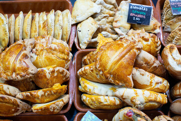 Golden pastry beef or vegetarian Empanadas on display