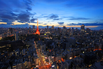 A view of Tokyo city at sunset in Japan with Tokyo Tower lit up.