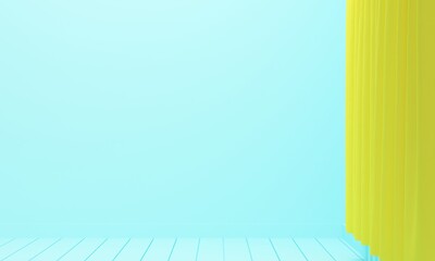Empty blue room with overhead lighting and a yellow curtain. 3d rendering