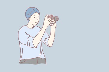 World photography day concept, Man holding and looking to camera vector.