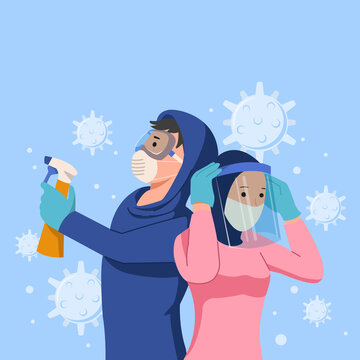 New normal concept lifestyle. Man and woman using mask and spray disinfectant. Flat vector design