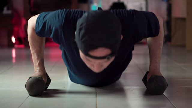 Asian man doing fitness exercises with push up at home, virus covid-19 situation, 4K