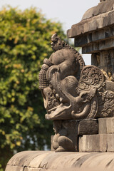 Detail of a gargoyle, called Makara, carved stone water spout, from the Borobudur temple drainage system in Central Java, Indonesia.