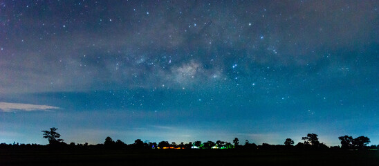 Amazing Panorama blue night sky milky way and star on dark background.Universe filled with star, nebula and galaxy with noise and grain.Photo by long exposure and select white balance.selection focus.