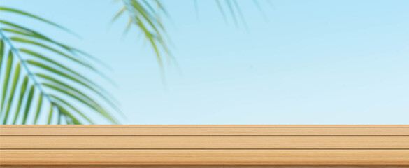 abstract blur tropical coconut leaves in sunny day weather with white aged wood plank table...