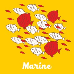 Marine collage with fishes, hand-drawn.