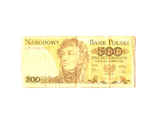 Five hundred Polish zlotys. Expired banknotes. Old past due money. Isolated on a white background.