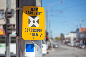 Road sign. Tram accident. Blackspot area. Australia, Melborne.
